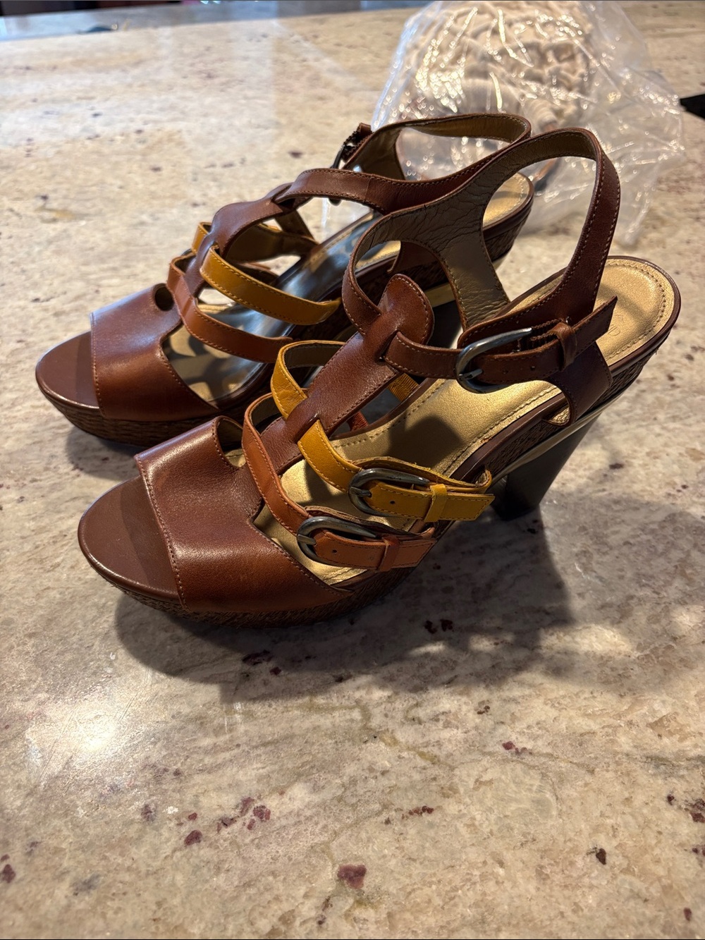 Brown and Mustard Strappy High Heel Sandals with Buckle Detail